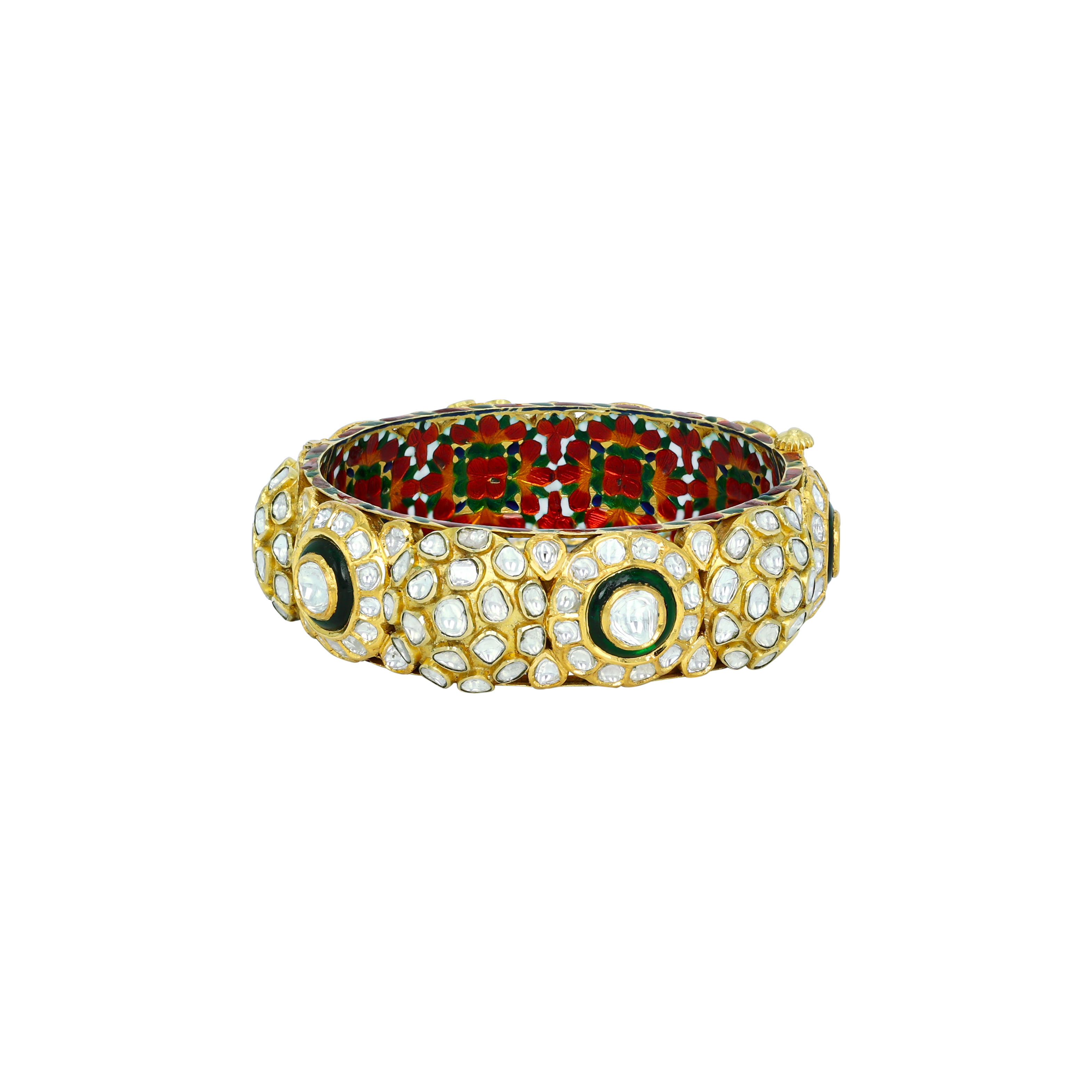 Makadi Polki Bangle with Red-Green Floral Enamel Detail